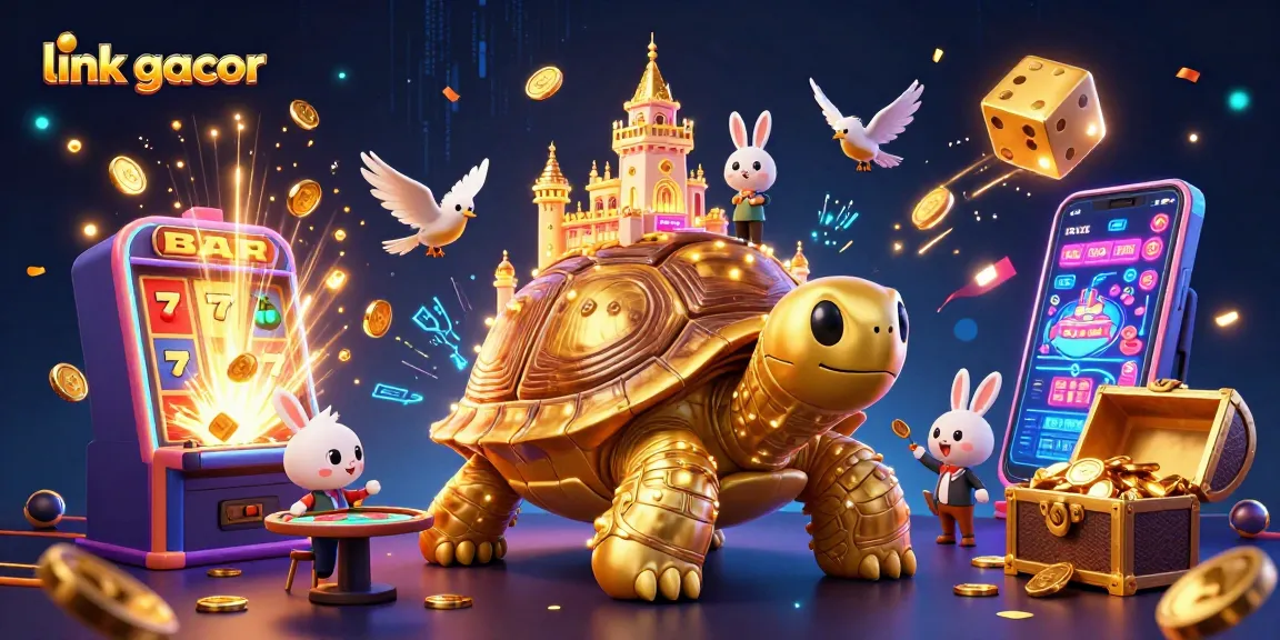 Win big with link gacor as colorful coins rain down from a jackpot in this vibrant casino scene.