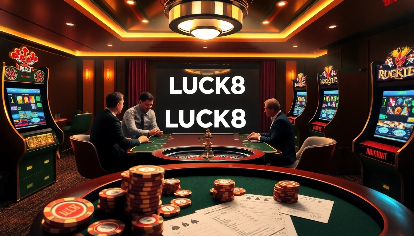 Experience thrilling gaming action at LUCK8 casino, featuring poker, roulette, and vibrant slot machines.