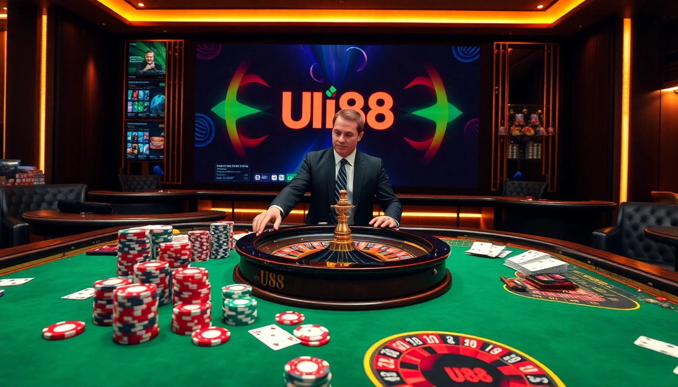 Experience thrilling gameplay at UU88 with vibrant casino visuals featuring high-stakes poker and roulette.