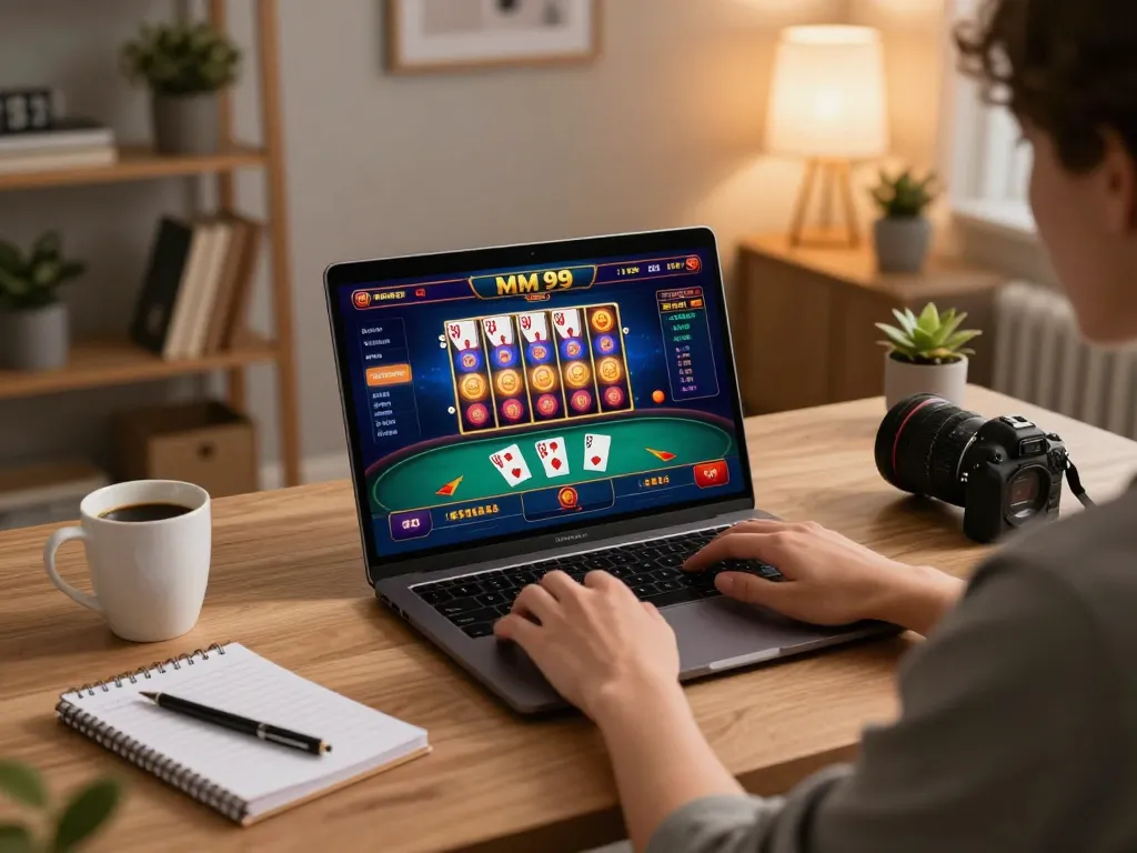 Engaging in MM 99 online gaming, a player enjoys a poker session on a sleek laptop at home.