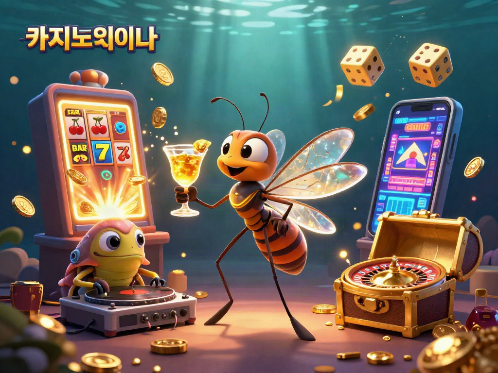 카지노사이트의 생생한 카지노 캐릭터들이 화려한 슬롯머신과 함께하는 장면
