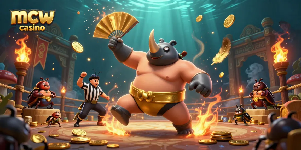 Witness the excitement of mcw casino as a sumo champion beetle stomps and sends coins flying in an engaging illustration.