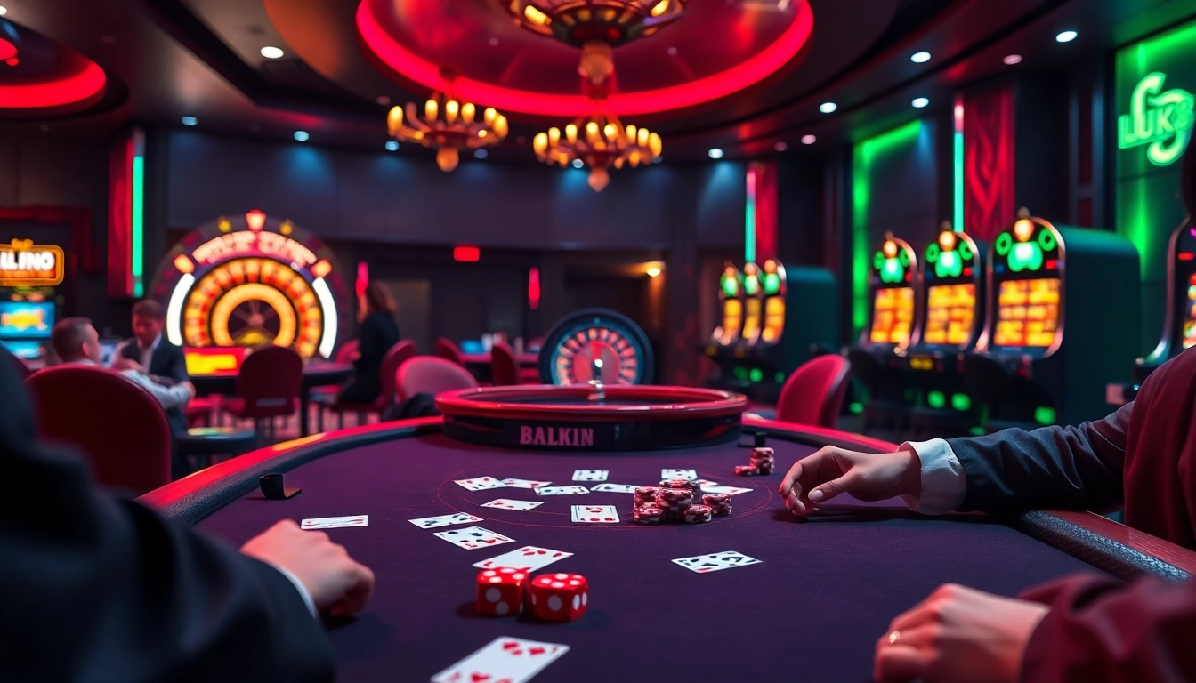 Luck8 casino scene with players at a poker table, vibrant colors, and exciting roulette wheel.