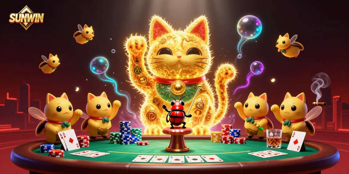 SUNWIN showcases an animated lucky cat formed by golden fireflies, surrounded by vibrant casino elements.