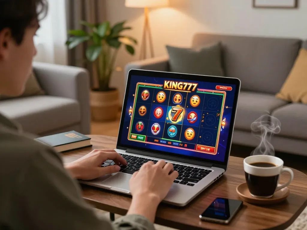 Saat menarik seorang pemain menikmati slot online KING777, menampilkan grafik yang cerah dan pengaturan bermain pribadi.