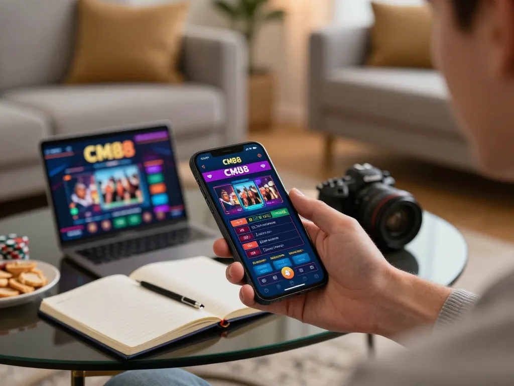 Player using the CM88 app for online gambling in a cozy living room environment with strategic notes
