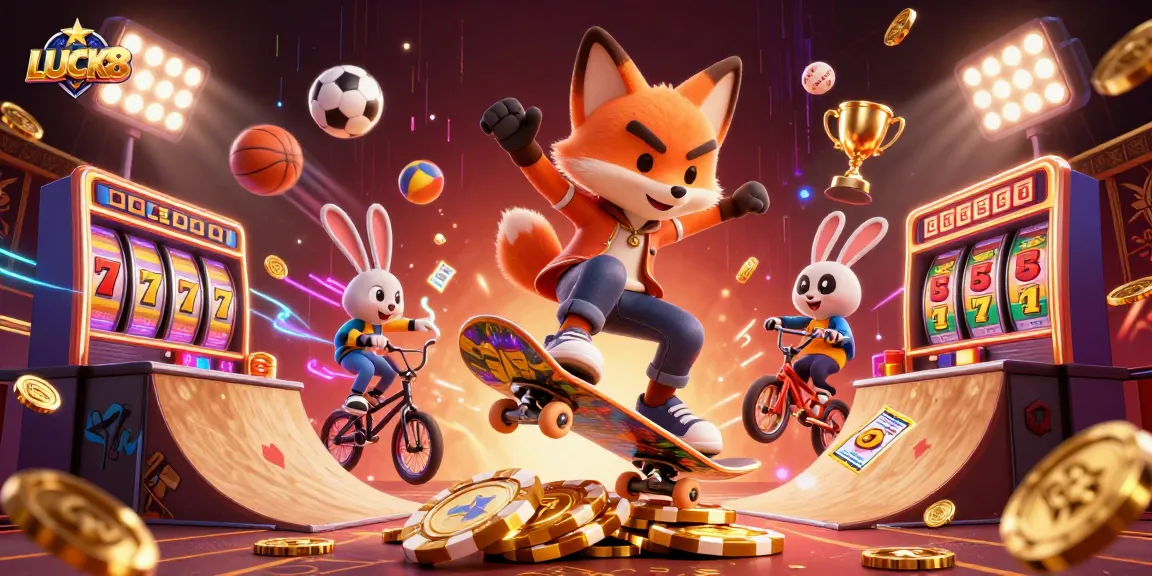 LUCK8 showcases a thrilling jackpot scene with a skateboarder fox and BMX rabbit in a vibrant casino