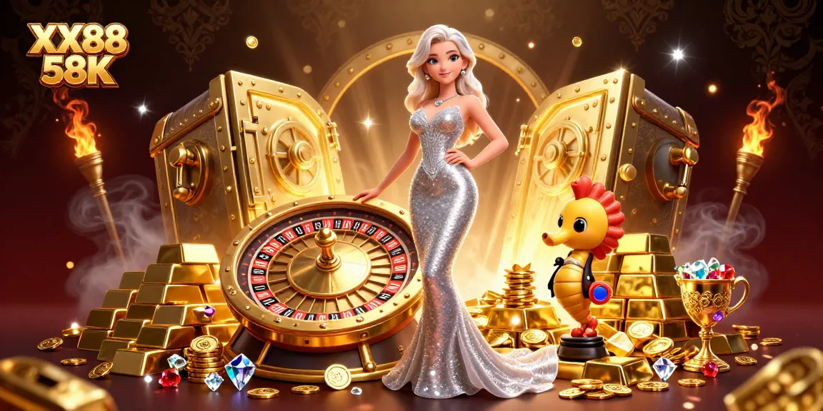 Join the XX88 58K experience with vibrant casino gaming elements and a stunning mermaid-gowned host.