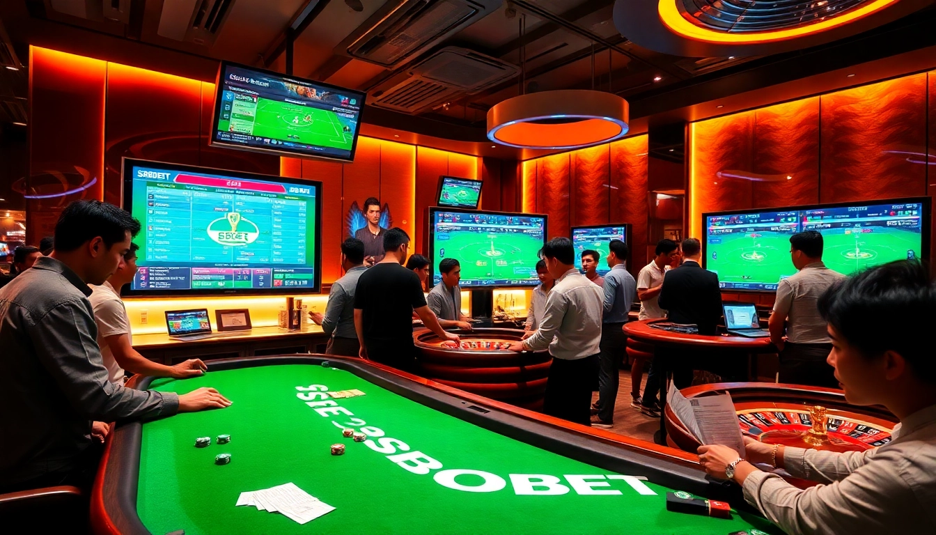 SBOBET players immersed in an exciting sports betting lounge experience with live scores.