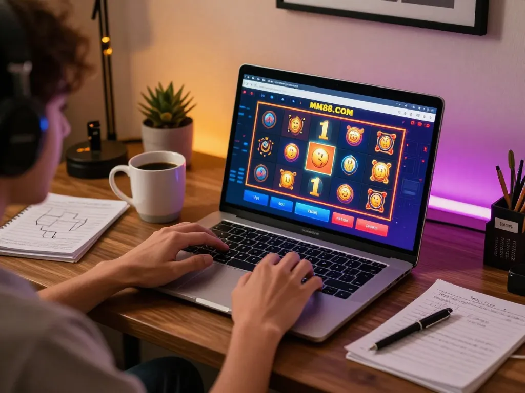 Engaged player enjoying slots on MM88.COM while gaming at home, highlighting animated casino interface.
