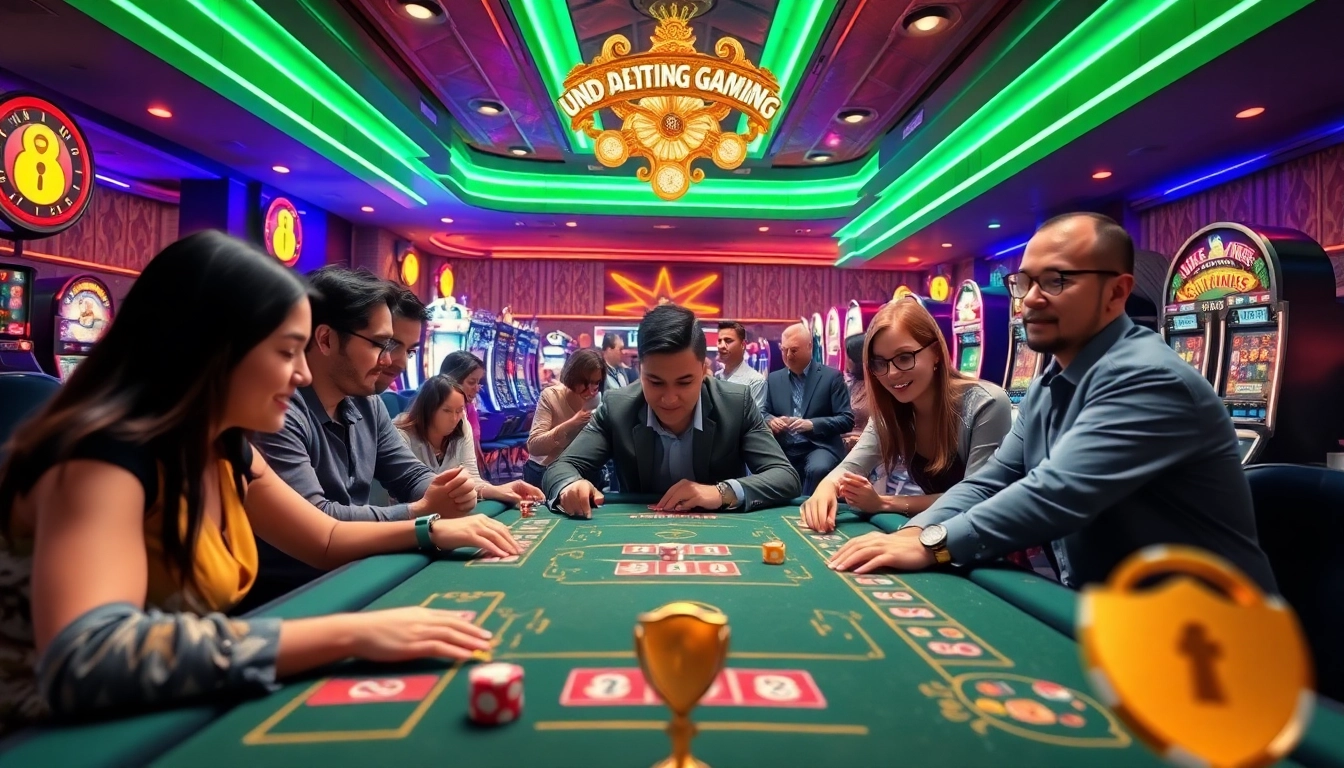 Cổng game bài đổi thưởng setting showcasing intense players at live casino tables, emphasizing excitement and security.