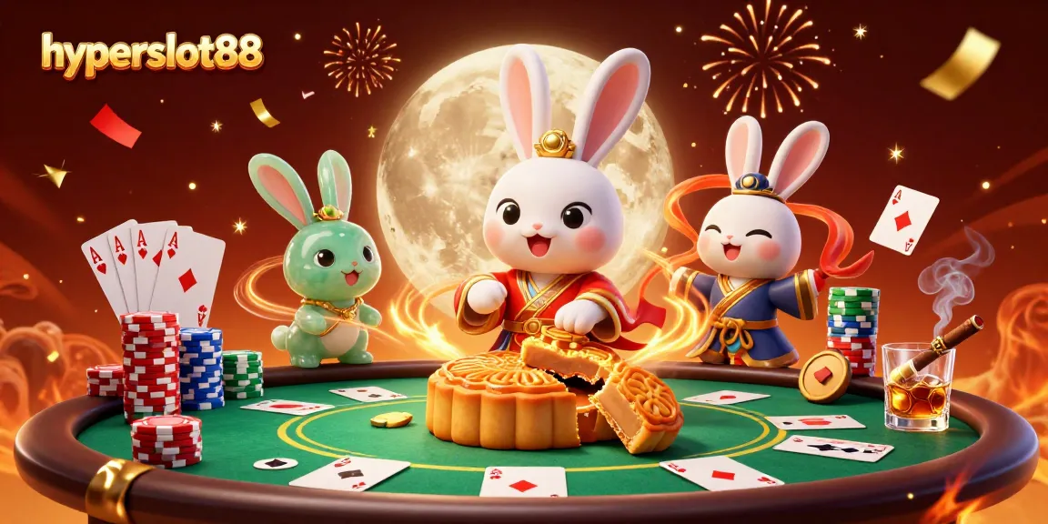 Experience the excitement of hyperslot88 with the moon rabbit revealing poker chips amidst vibrant gambling elements.