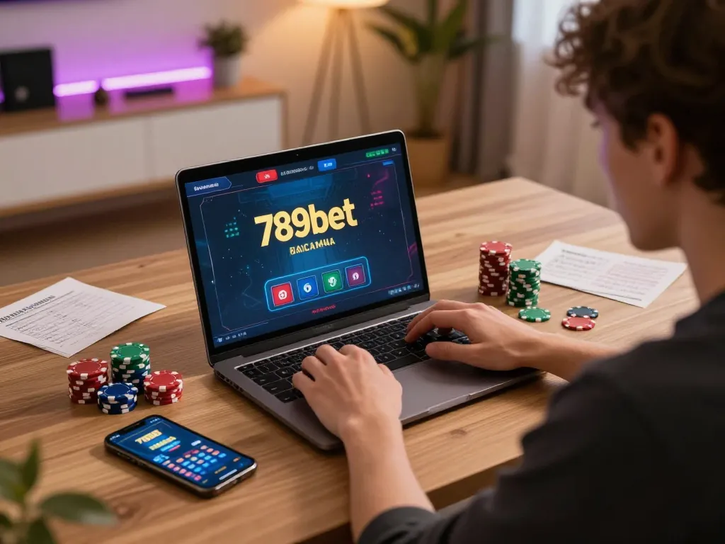 Engaged player using 789bet on a laptop surrounded by poker chips in cozy home office.