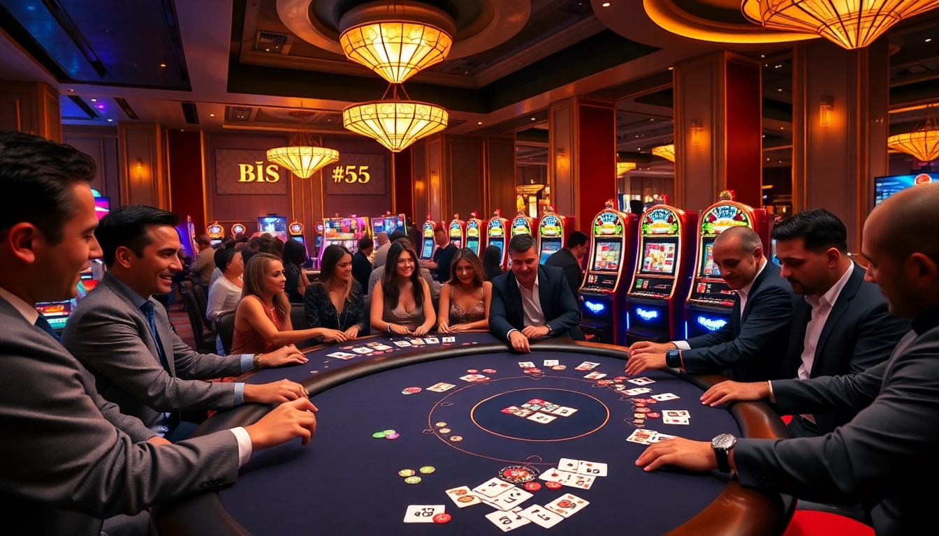Players enjoying games at BL555 casino, showcasing vibrant slot machines and elegant tables.