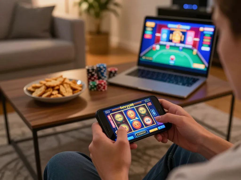 Berinteraksi dengan tokyo88 di smartphone di rumah, menampilkan fitur warna-warni permainan slot dan gameplay strategis.