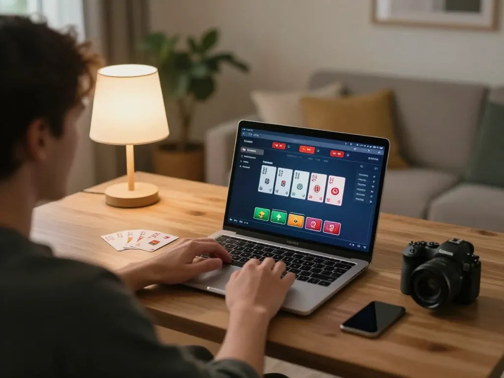 Engaging in online USA casinos from home with a laptop displaying a poker game