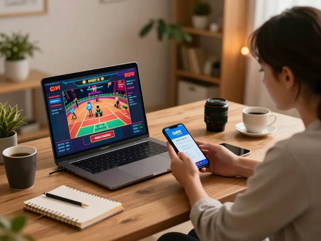Engaged user playing God55 mobile app on smartphone in cozy home gaming setup.