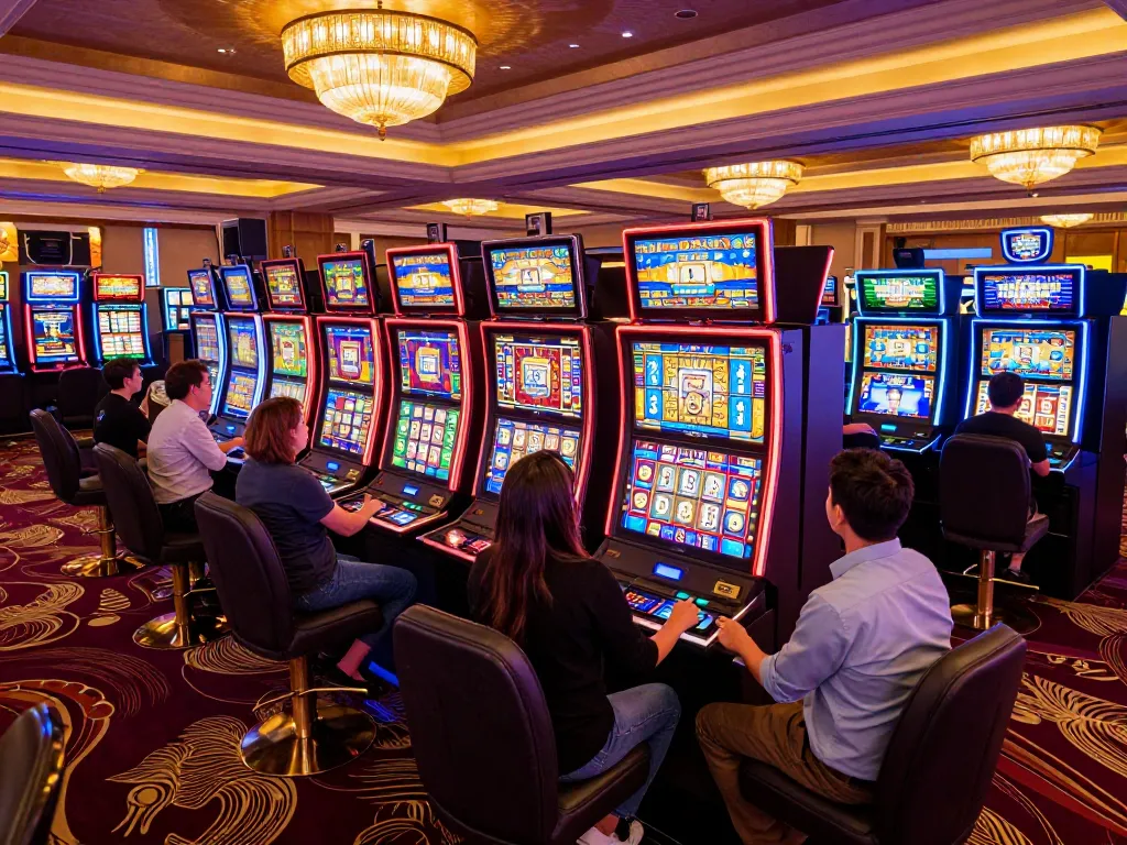 Players engaging with slot 5k machines in a vibrant casino environment, experiencing the thrill of betting.