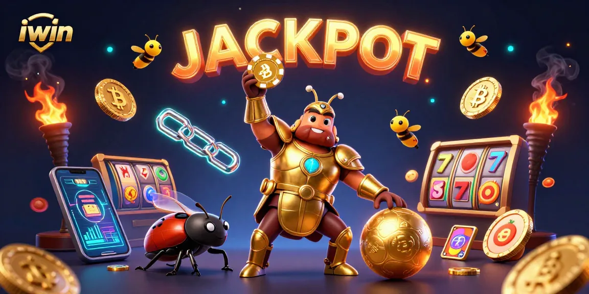 Win big with iwin's vibrant casino illustration featuring a hero beetle lifting a poker chip in celebration.