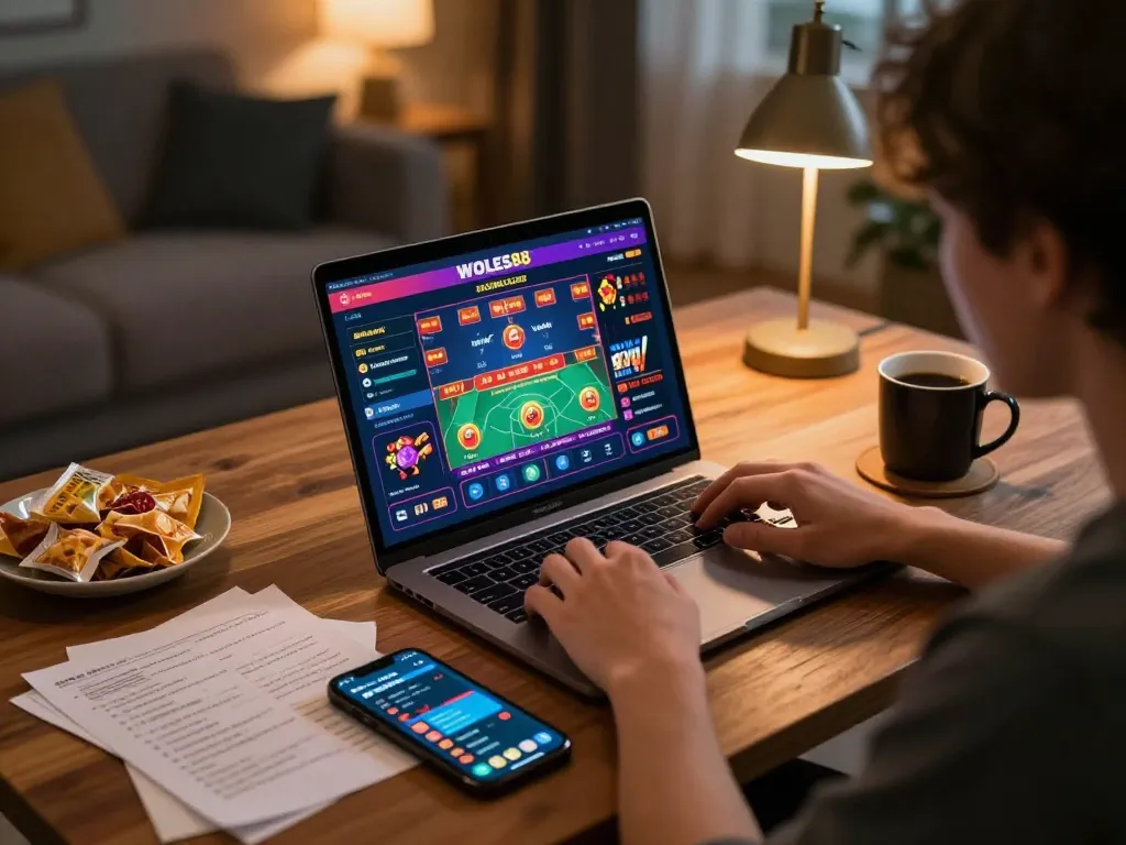 Bergabung dalam permainan interaktif online WOLES88 dengan grafik kasino yang menarik di laptop dan catatan strategi taruhan.