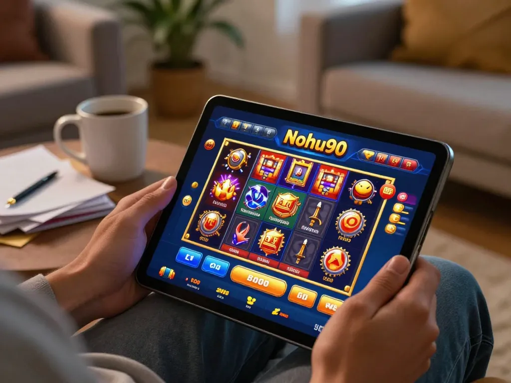 Nohu90 user enjoying online slot games on a tablet in a cozy living room setting.