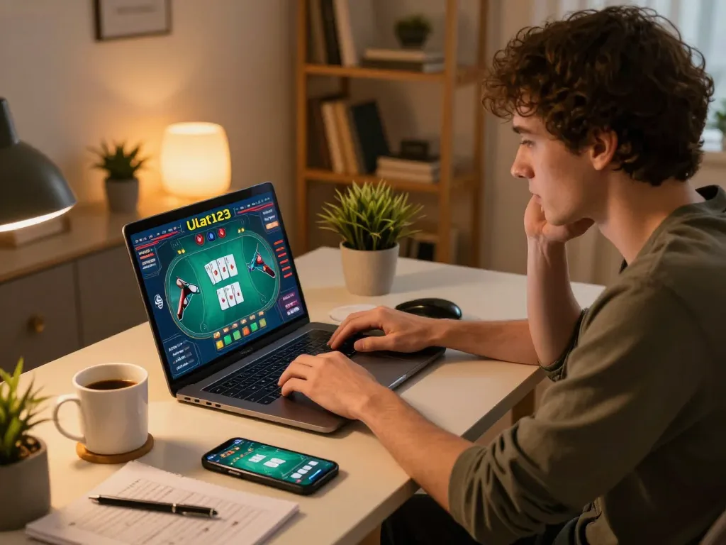 Pemain yang terlibat dalam login Ulat123 di laptop, menganalisis strategi permainan di kantor rumah yang nyaman.