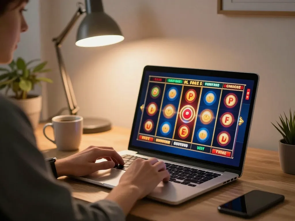 Terlibat dalam permainan slot dalam talian yang mendebarkan di laptop dengan gulungan yang berwarna-warni dan suasana yang hangat.