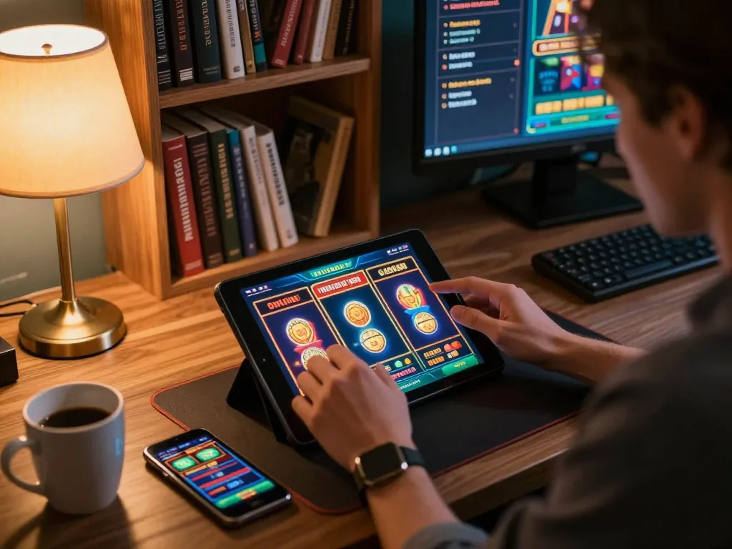 Engaging in online slot games at JUN88 on a stylish desk with vibrant visuals and strategy elements.