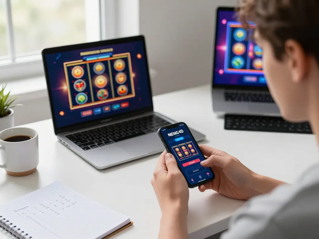NENG4D user engaging with slot gameplay on smartphone and laptop, illustrating online gambling entertainment.