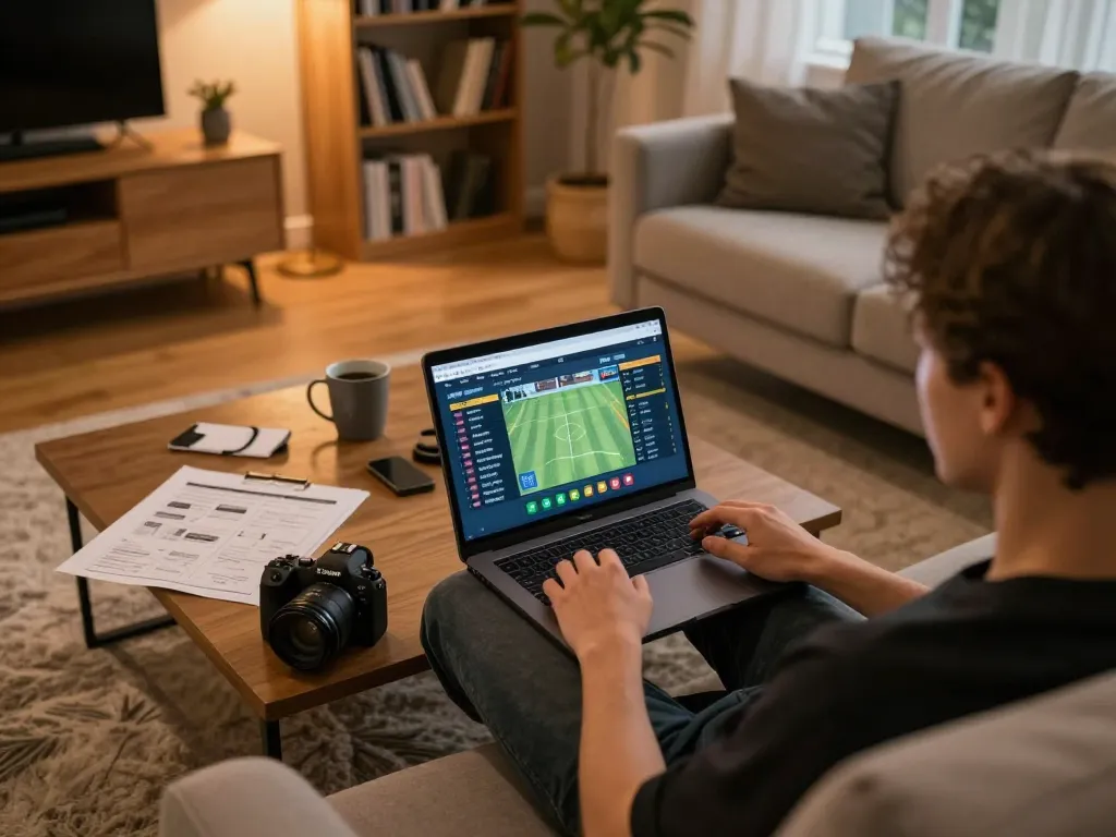 Engaging in online betting via Bsport on a laptop at a cozy home setup, showcasing strategic gameplay