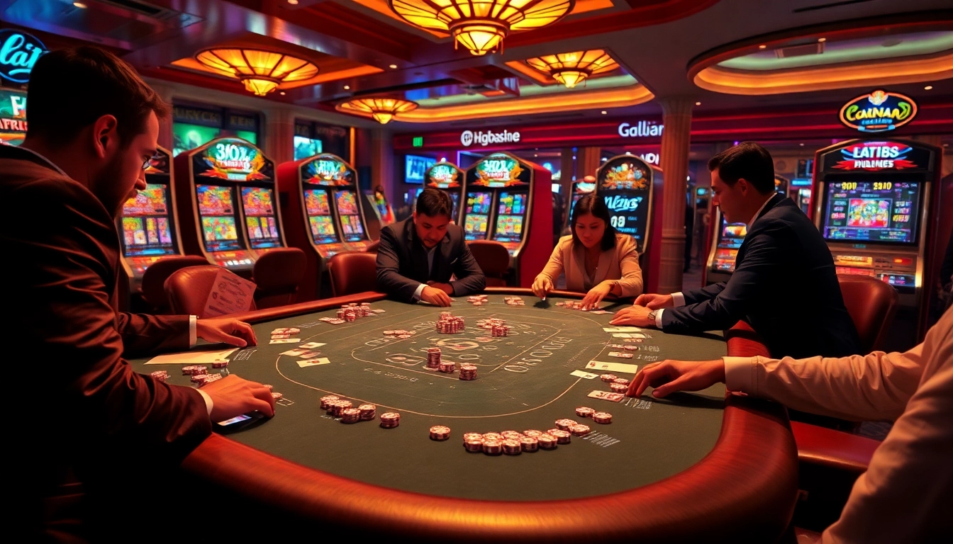 Players enjoying a luxurious gaming experience at https://hay88.my/ casino with vibrant tables and poker chips.