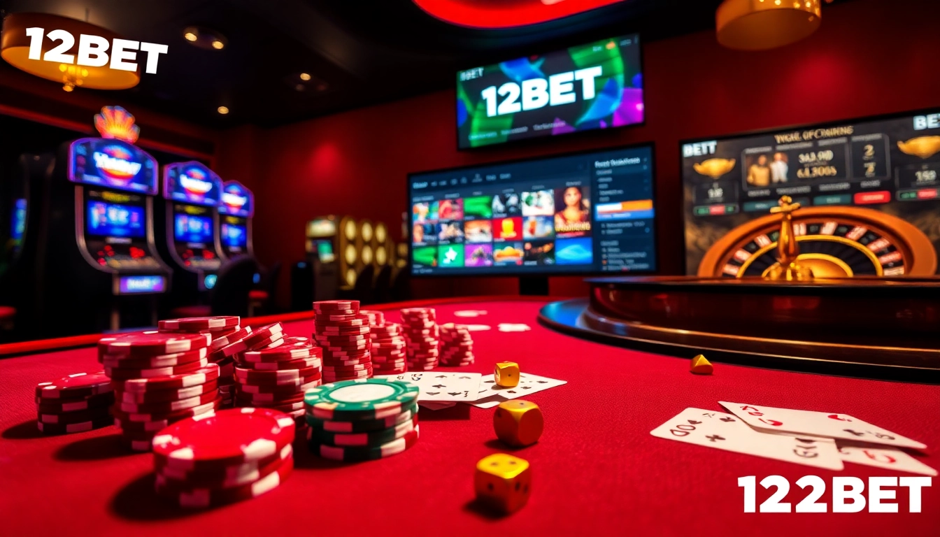 Experience the excitement of gambling at 12BET with vibrant poker chips and elegant casino tables.