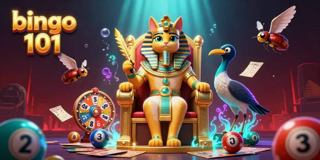 Engage in bingo 101 with this vibrant scene featuring a sphinx-like cat and scribe amidst colorful game elements.