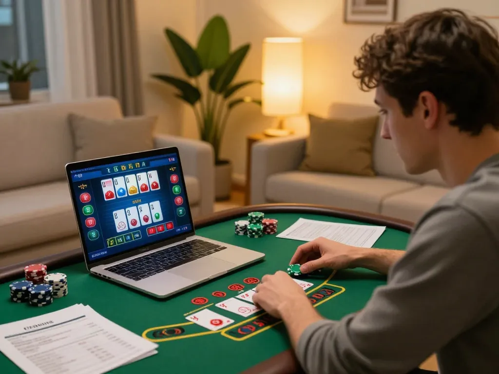 Player enjoying rikvip live dealer blackjack game in a cozy home setup with strategic notes.