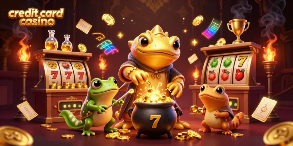 Engage at a credit card casino with characters transmuting gold, surrounded by vibrant gaming elements.