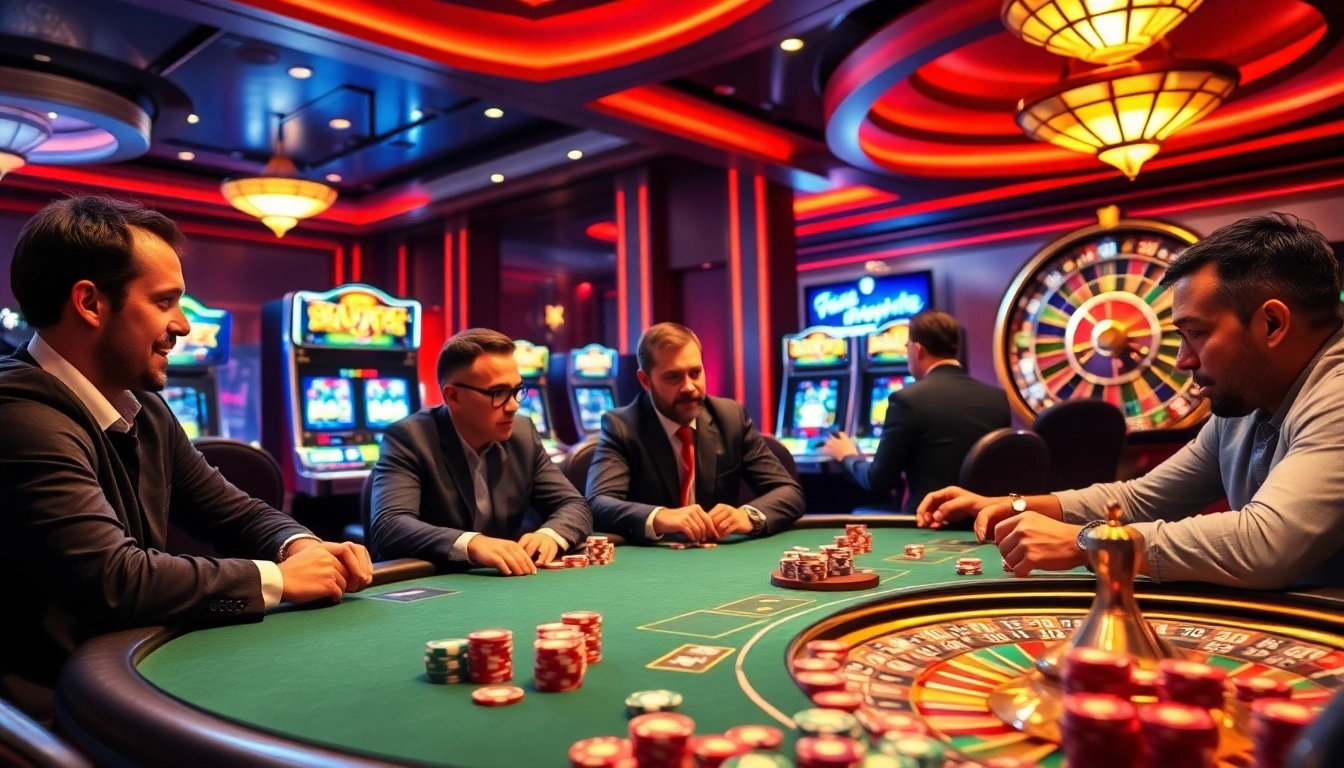 Hit club poker table showcasing players' intense strategy and vibrant chips in a luxurious casino setting.