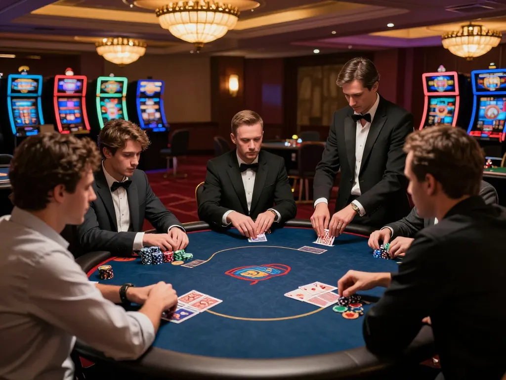 Luck8 players engaged in high-stakes poker strategy at a lively casino table.