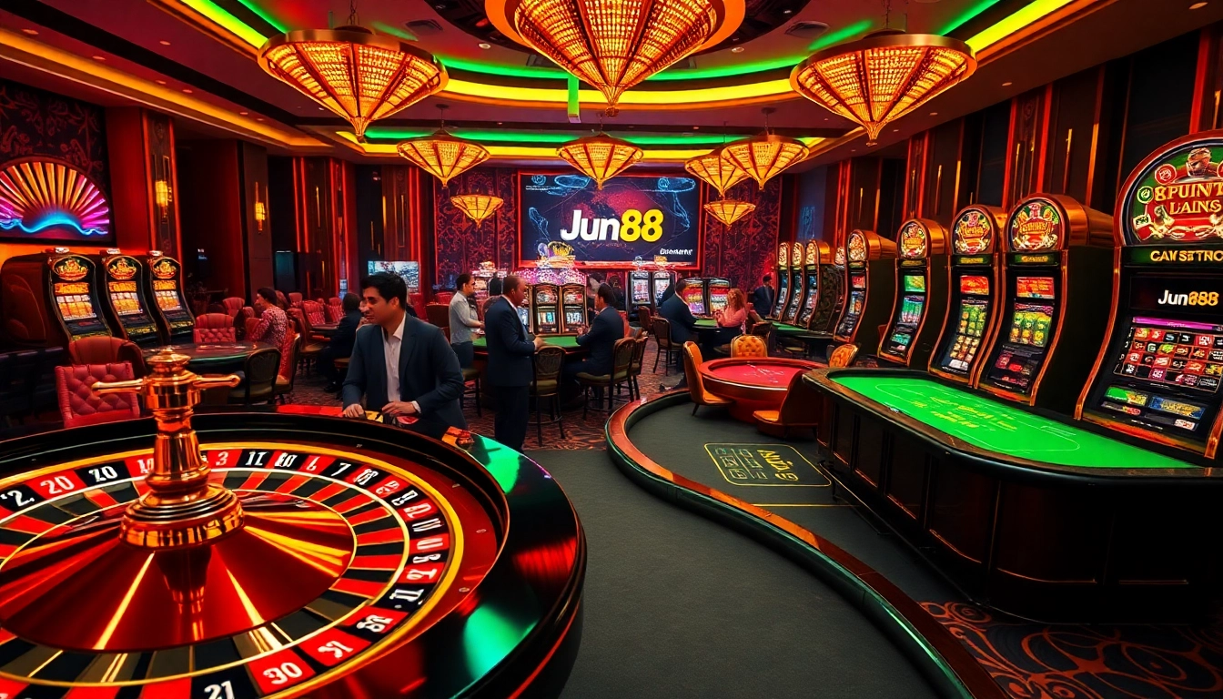 Visual representation of jun88 trang chủ featuring luxurious casino activities and vibrant gaming elements.