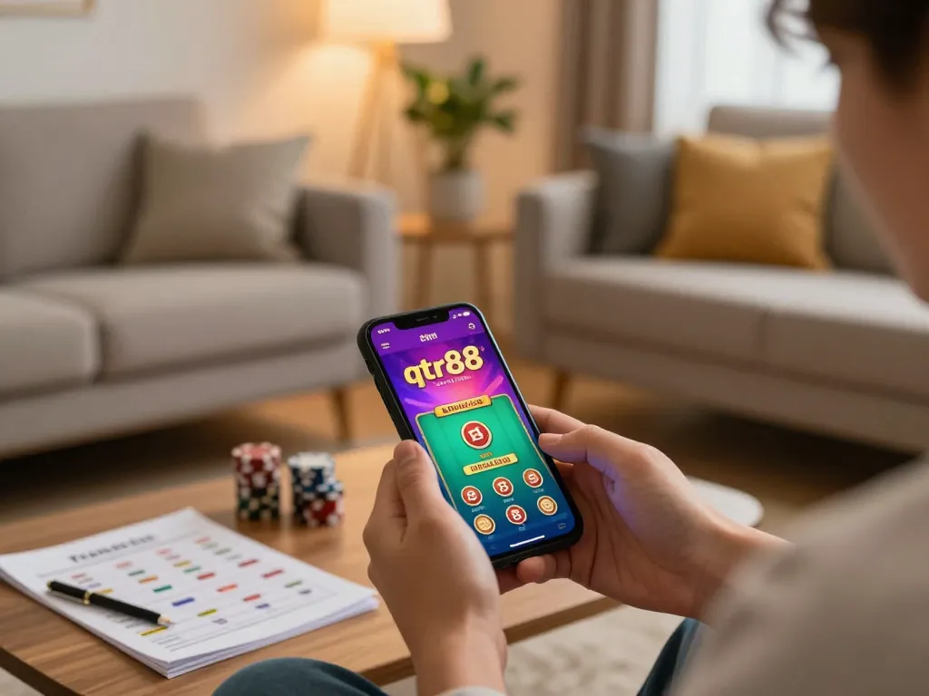 Mobile gaming on qtr88 app in a cozy living room, showcasing strategy notes and vibrant ambiance.