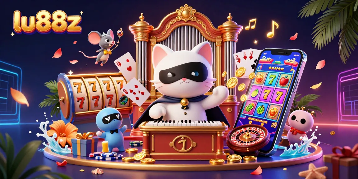 Play top slots with interactive elements featured in the vibrant lu88z casino illustration.