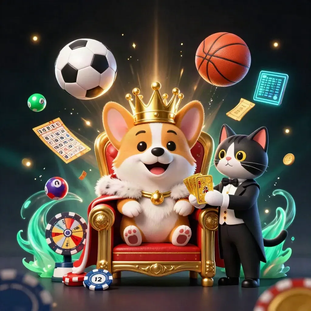 Royal corgi and cat butler on poker-chip throne amid flying casino sports props and gold sparks