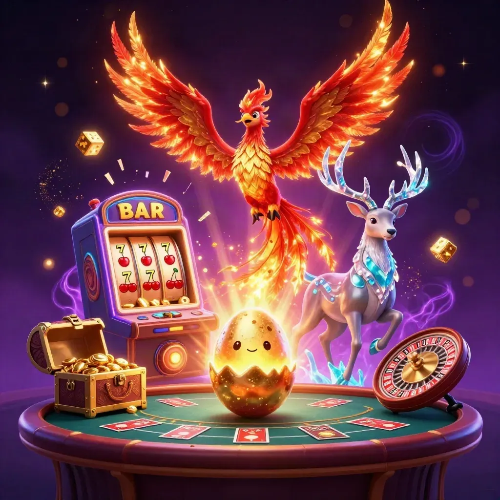Fire phoenix, hatching baby phoenix, crystal-antler stag amid casino magic, slots, dice, cards, and gold.