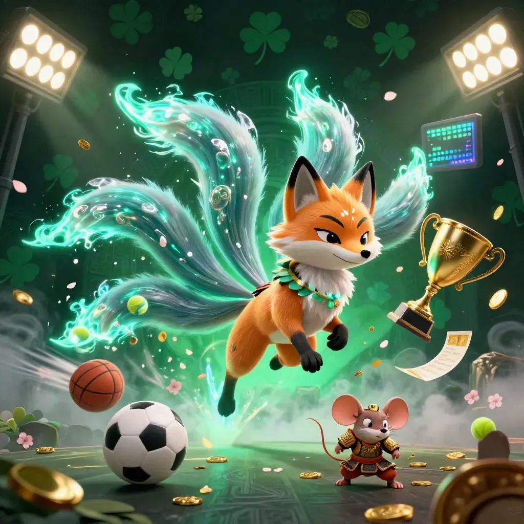 Neon fox spirit and armored mouse amid flying sports balls, coins, trophy, and storm-lit casino glow.
