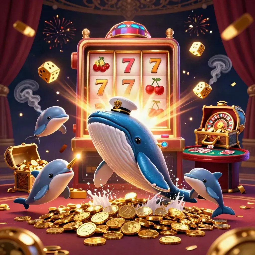 Whale captain, narwhal, and dolphins amid casino coins, dice, and storm-lit gold glam