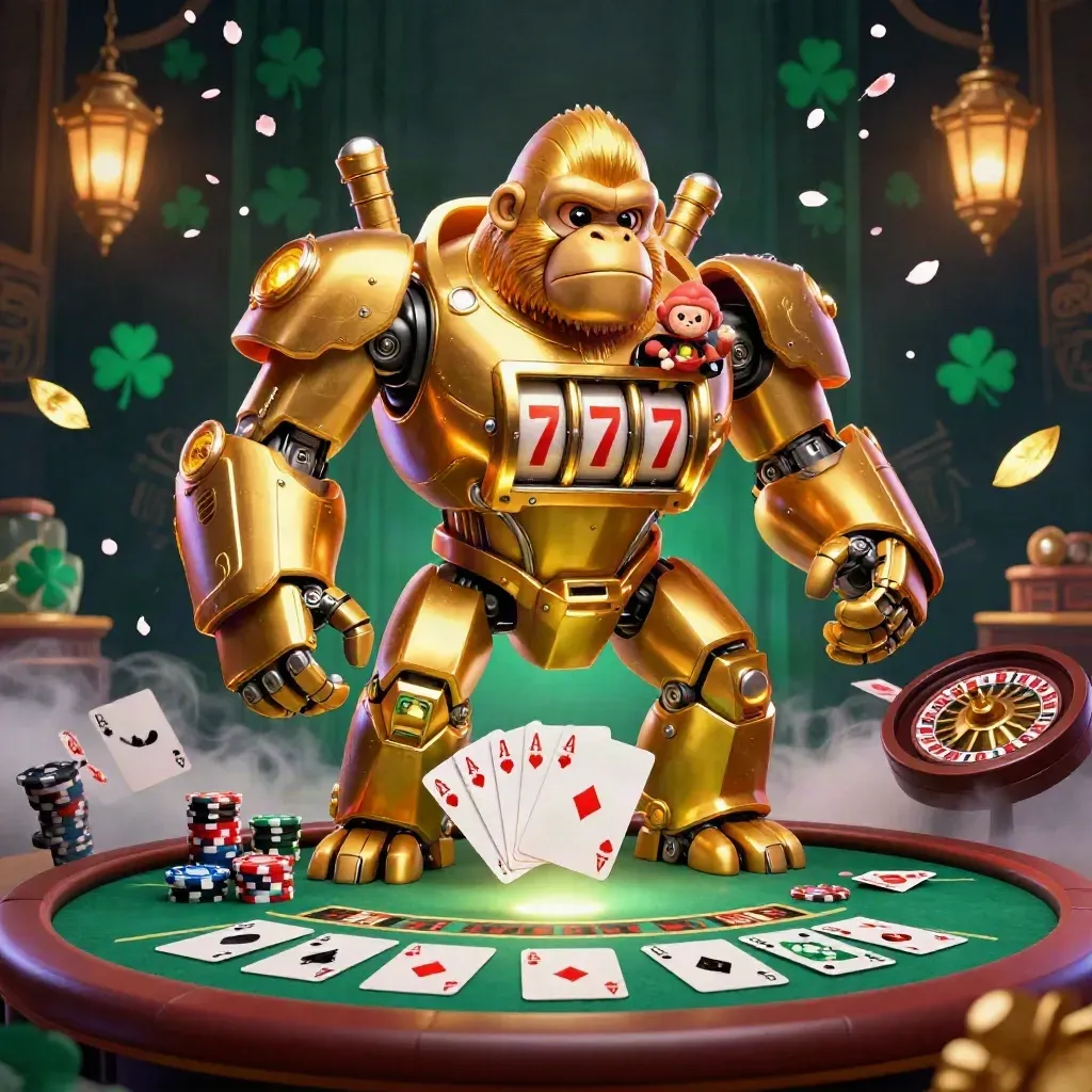 Golden gorilla mech with monkey pilot, casino tables, chips, roulette wheel, and glowing storm-lit backdrop