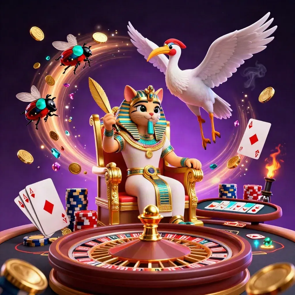 Pharaoh cat, ibis scribe, and gem-wing scarabs in a storm-lit casino of coins, cards, chips