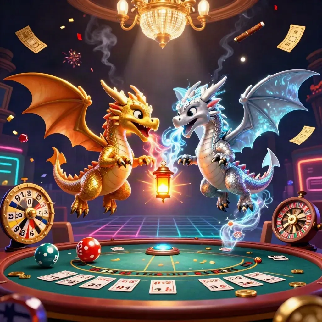 Gold and silver dragons whirl above a storm-lit casino room with glowing game elements.