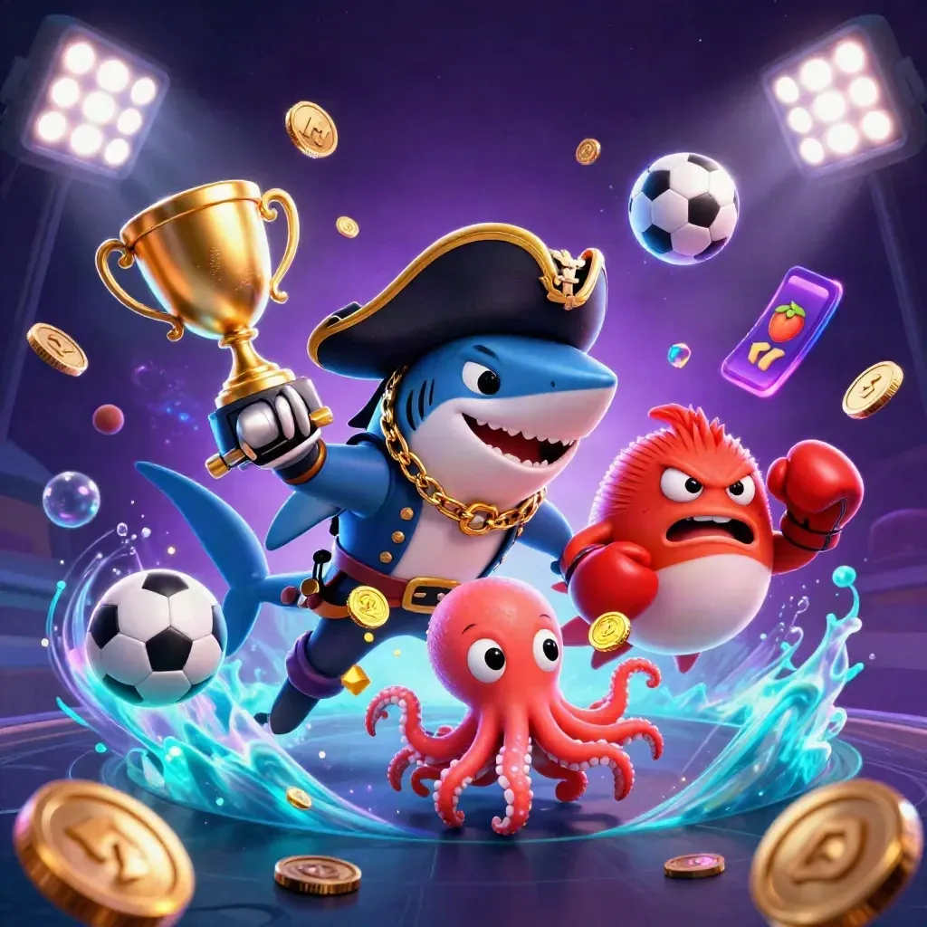 Pirate shark, pufferfish boxer, and juggling octopus amid gold, gems, and storm-lit casino effects.