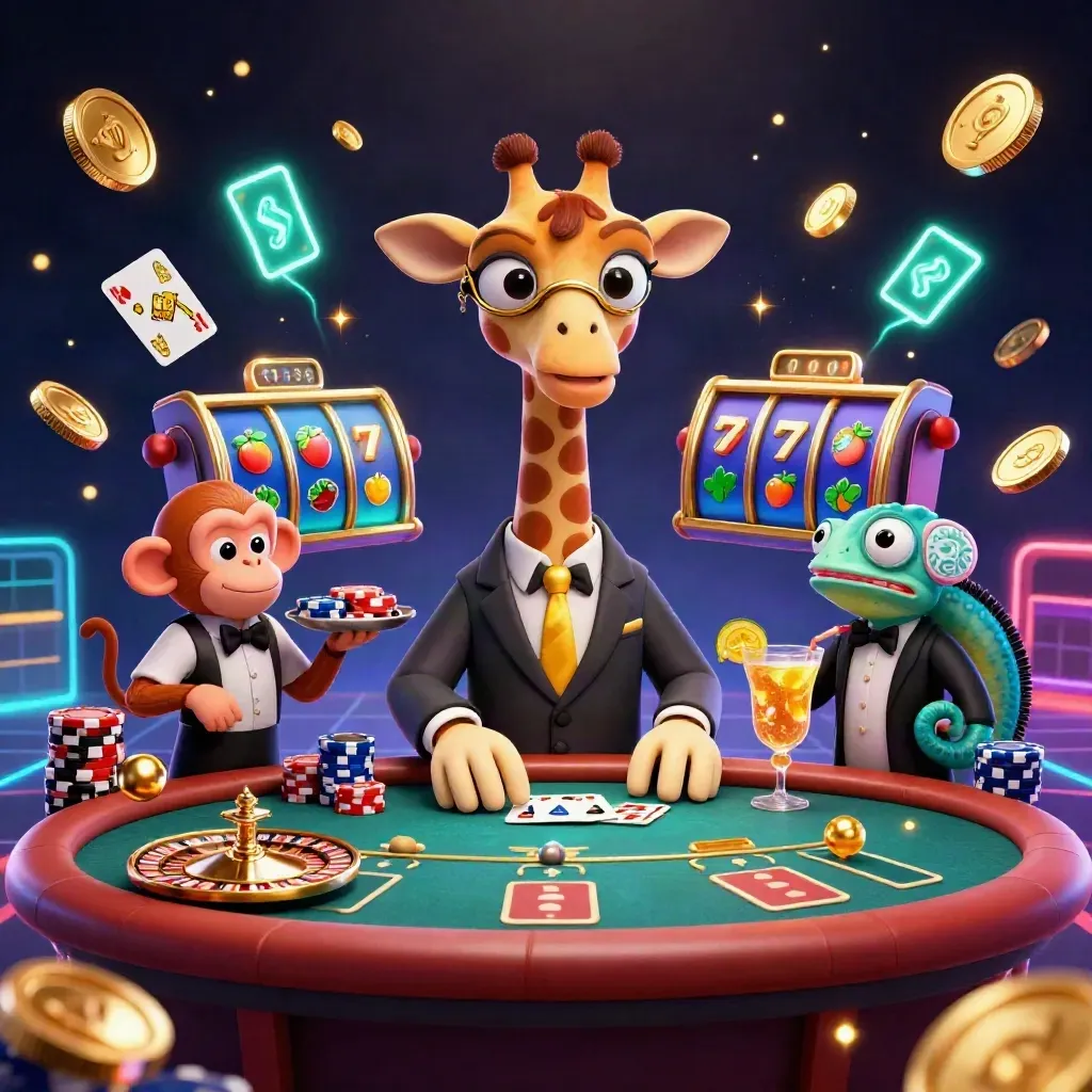 Giraffe, monkey, and chameleon at a glowing VIP poker table with coins and teal casino light