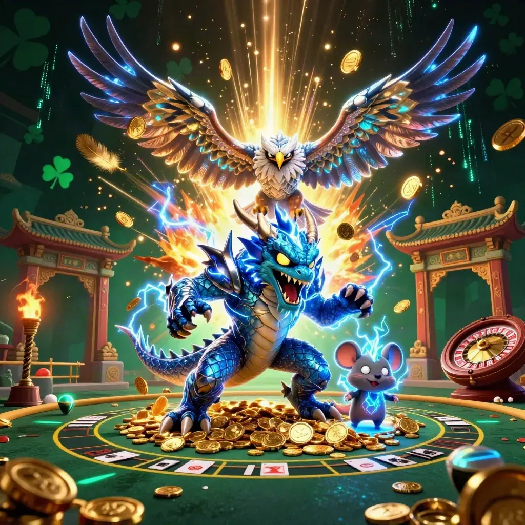 Thunder dragon, wind hawk and spark mouse amid coins, fireworks, and casino relics.